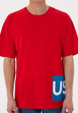 Erkek Comfort Fit Bisiklet Yaka Kırmızı Tişört - 50306879044