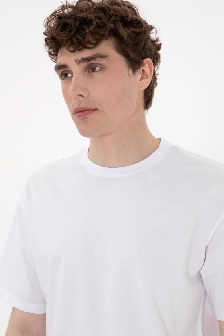 Erkek Comfort Fit Bisiklet Yaka Beyaz Tişört - 50306879009