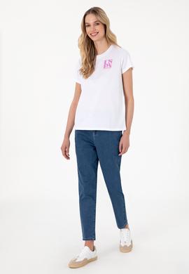 Kadın Beyaz Bisiklet Yaka Tişört - 50311719012