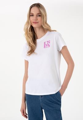 Kadın Beyaz Bisiklet Yaka Tişört - 50311719012