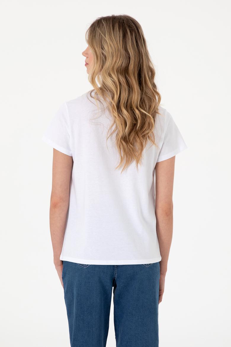 Kadın Beyaz Bisiklet Yaka Tişört - 50311719012