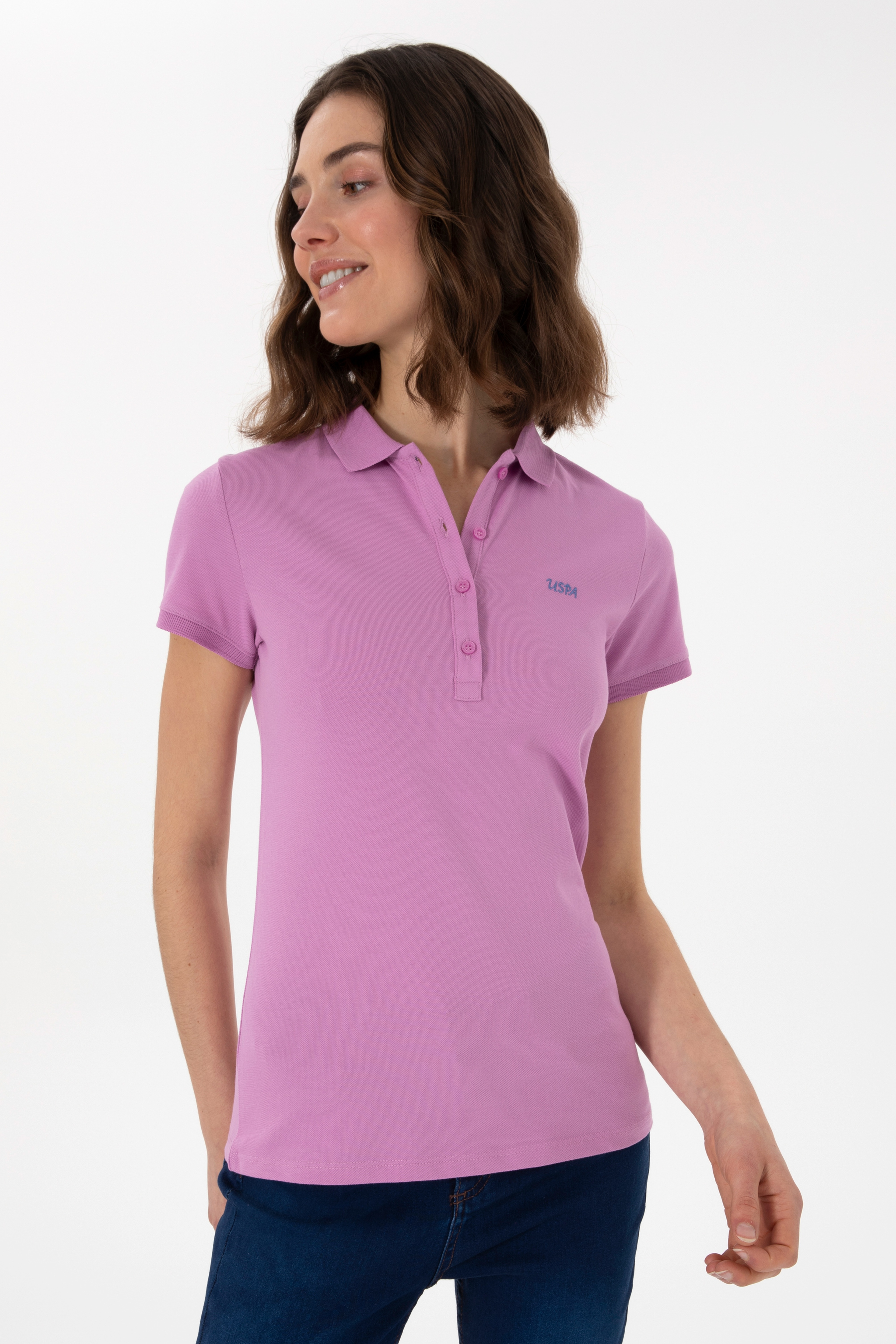 Kadın Pembe Basic Polo Yaka Tişört - Image 2