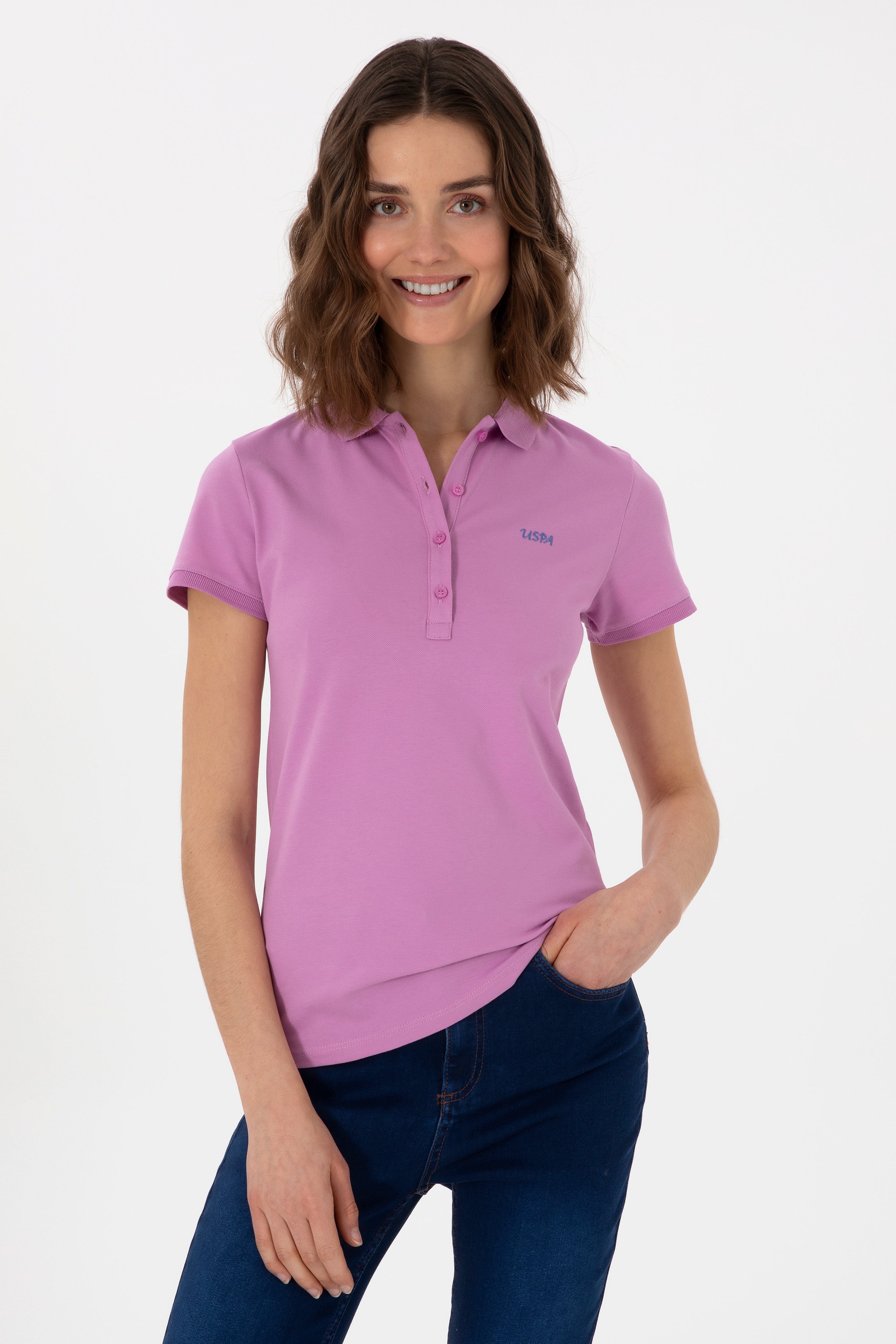 Kadın Pembe Basic Polo Yaka Tişört - Image 1