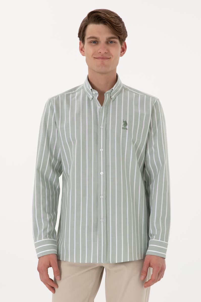 Erkek Çizgili Haki Uzun Kollu Gömlek