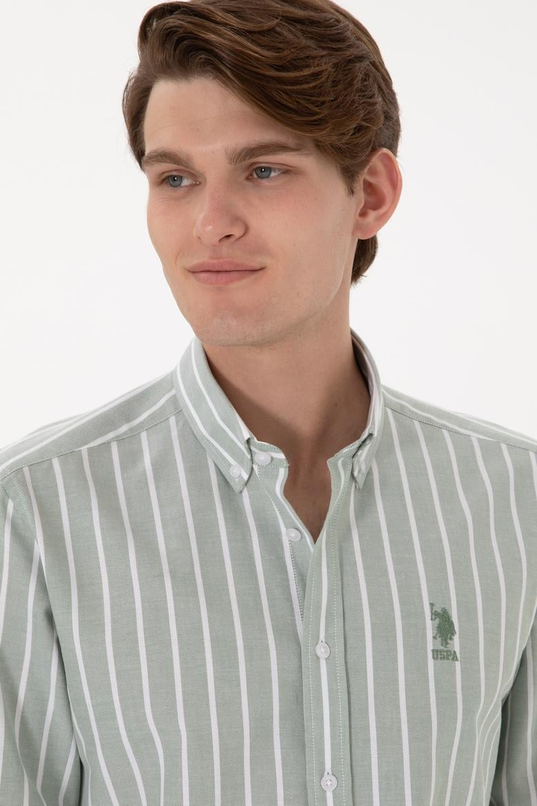 Erkek Çizgili Haki Uzun Kollu Gömlek - 50306347034