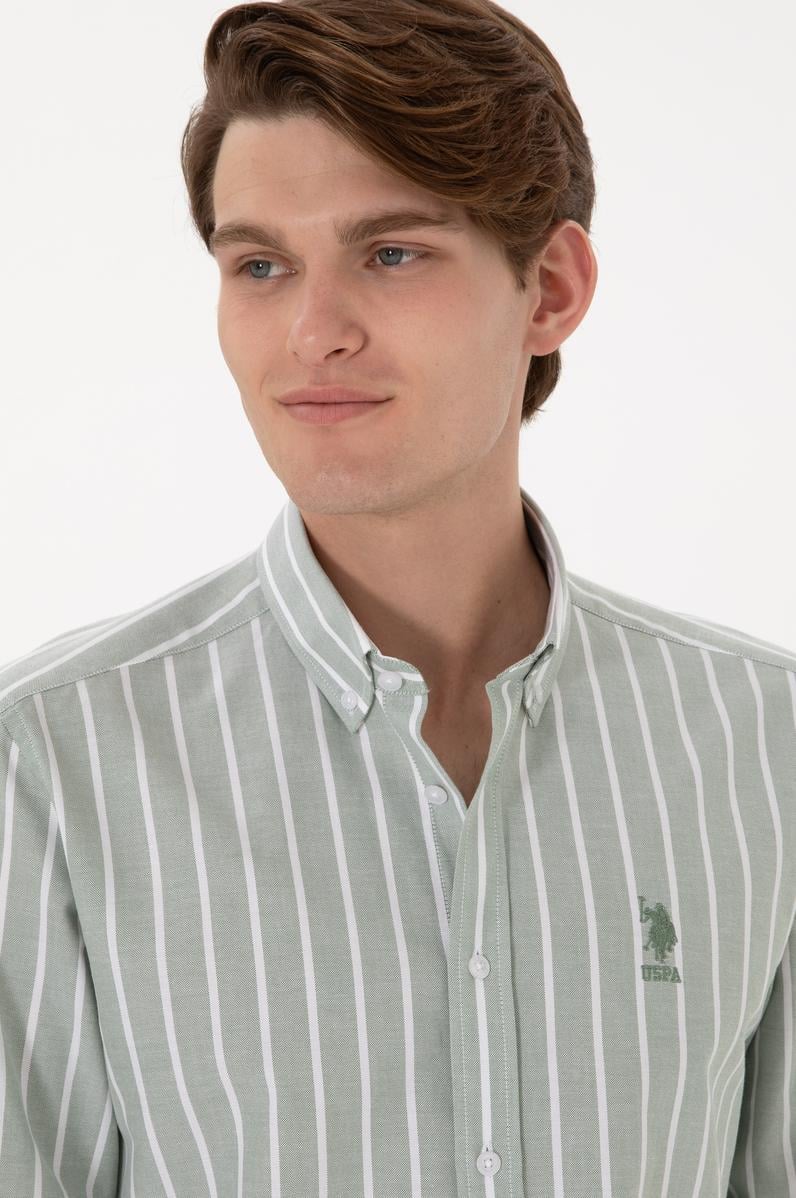 Erkek Çizgili Haki Uzun Kollu Gömlek