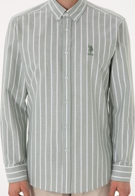 Erkek Çizgili Haki Uzun Kollu Gömlek - 50306347034
