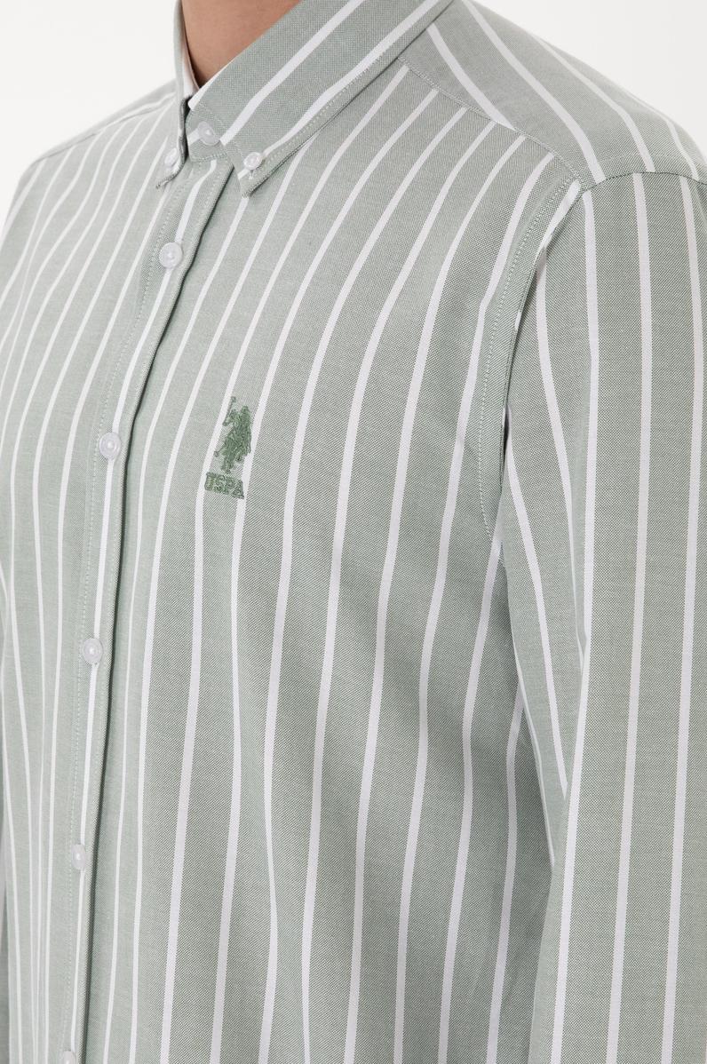 Erkek Çizgili Haki Uzun Kollu Gömlek