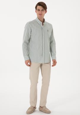 Erkek Çizgili Haki Uzun Kollu Gömlek - 50306347034