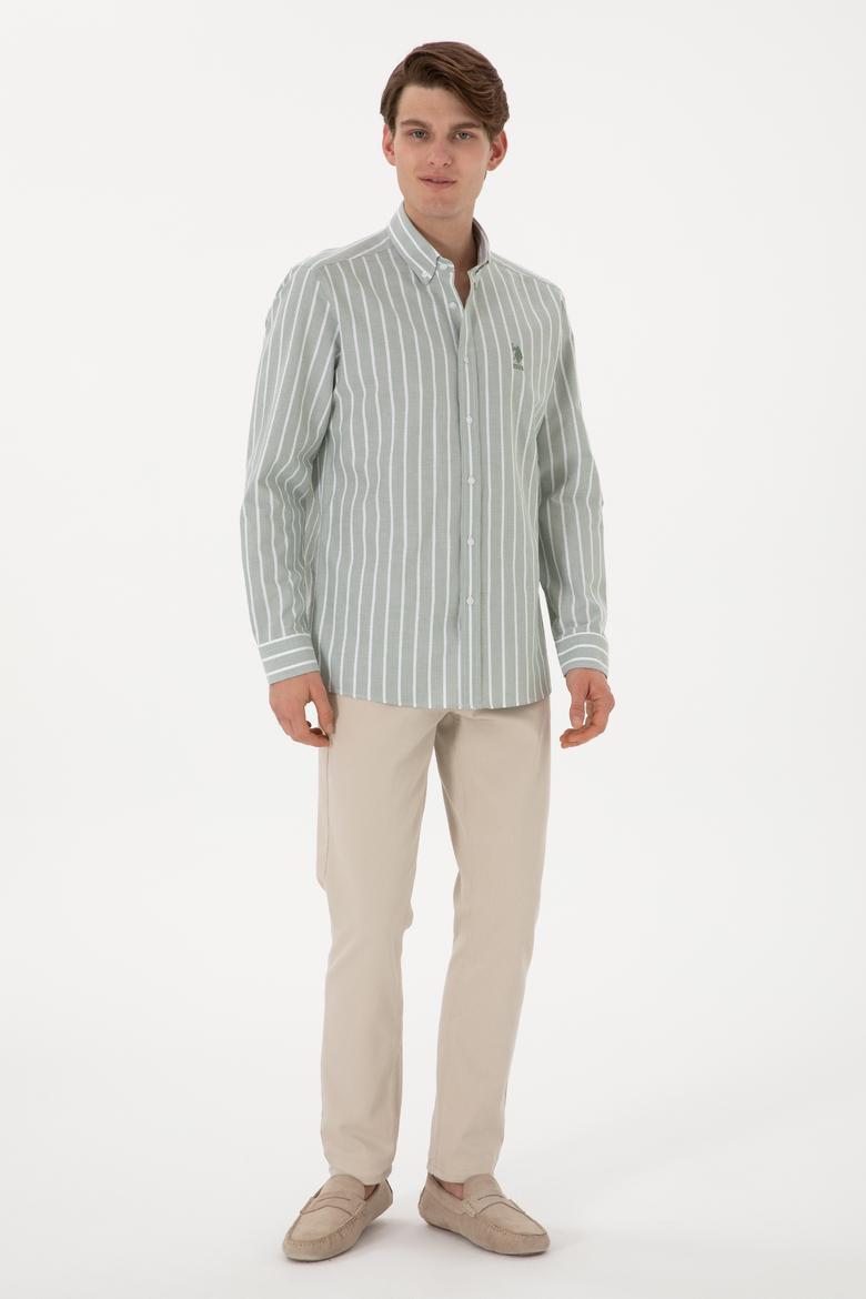 Erkek Çizgili Haki Uzun Kollu Gömlek - 50306347034