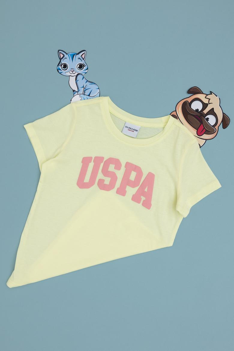 Kız Çocuk Limon Bisiklet Yaka Pamuk Simli Uspa Baskılı Basic Tişört - 50306042103