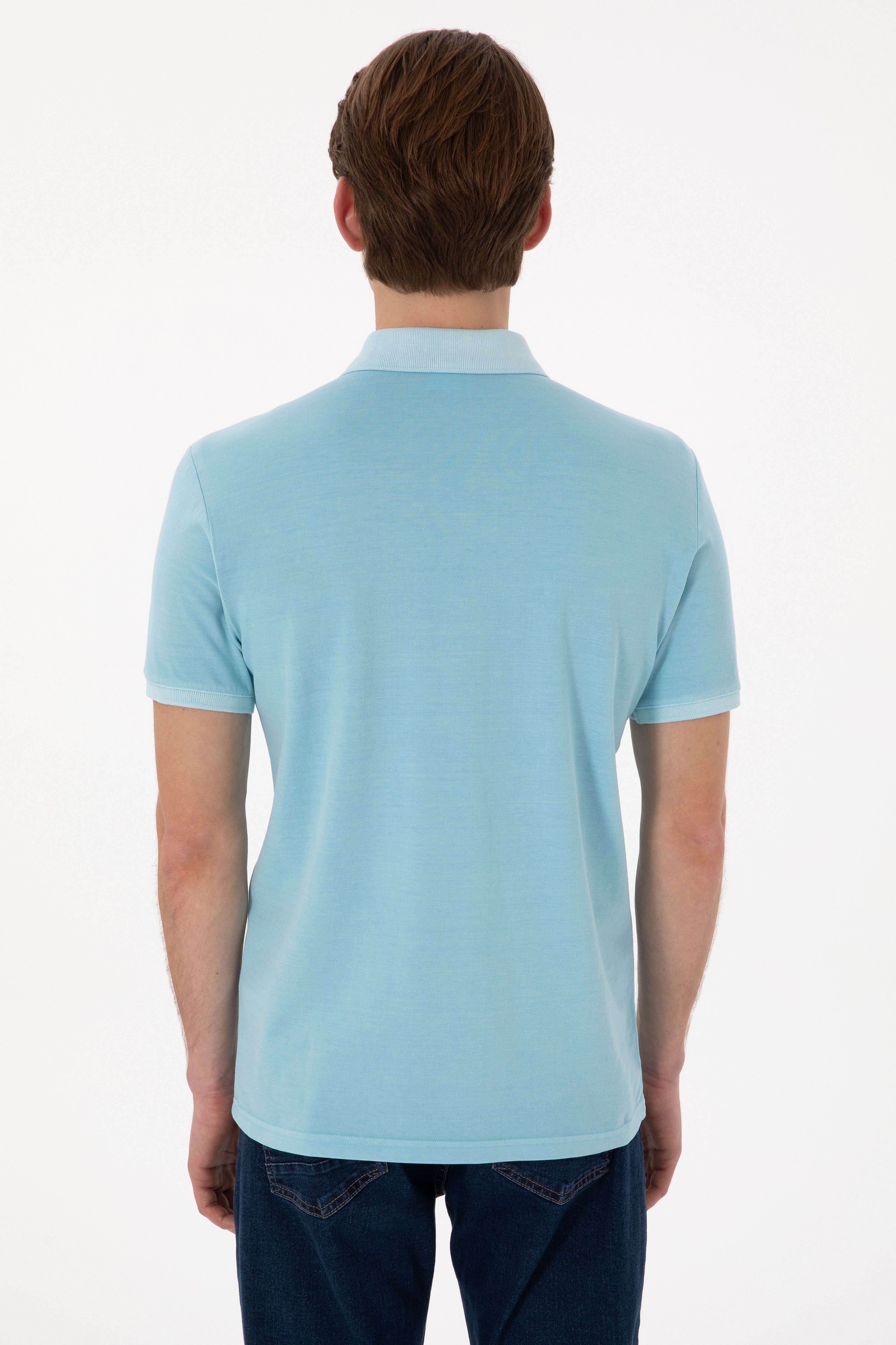 Erkek Slim Fit Polo Yaka Açık Mavi Yıkamalı Basic Tişört - Image 6