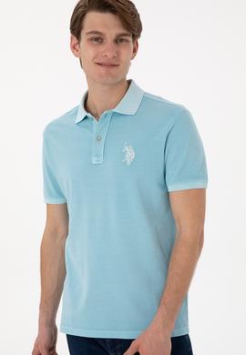 Erkek Slim Fit Polo Yaka Açık Mavi Yıkamalı Basic Tişört - 50305995076