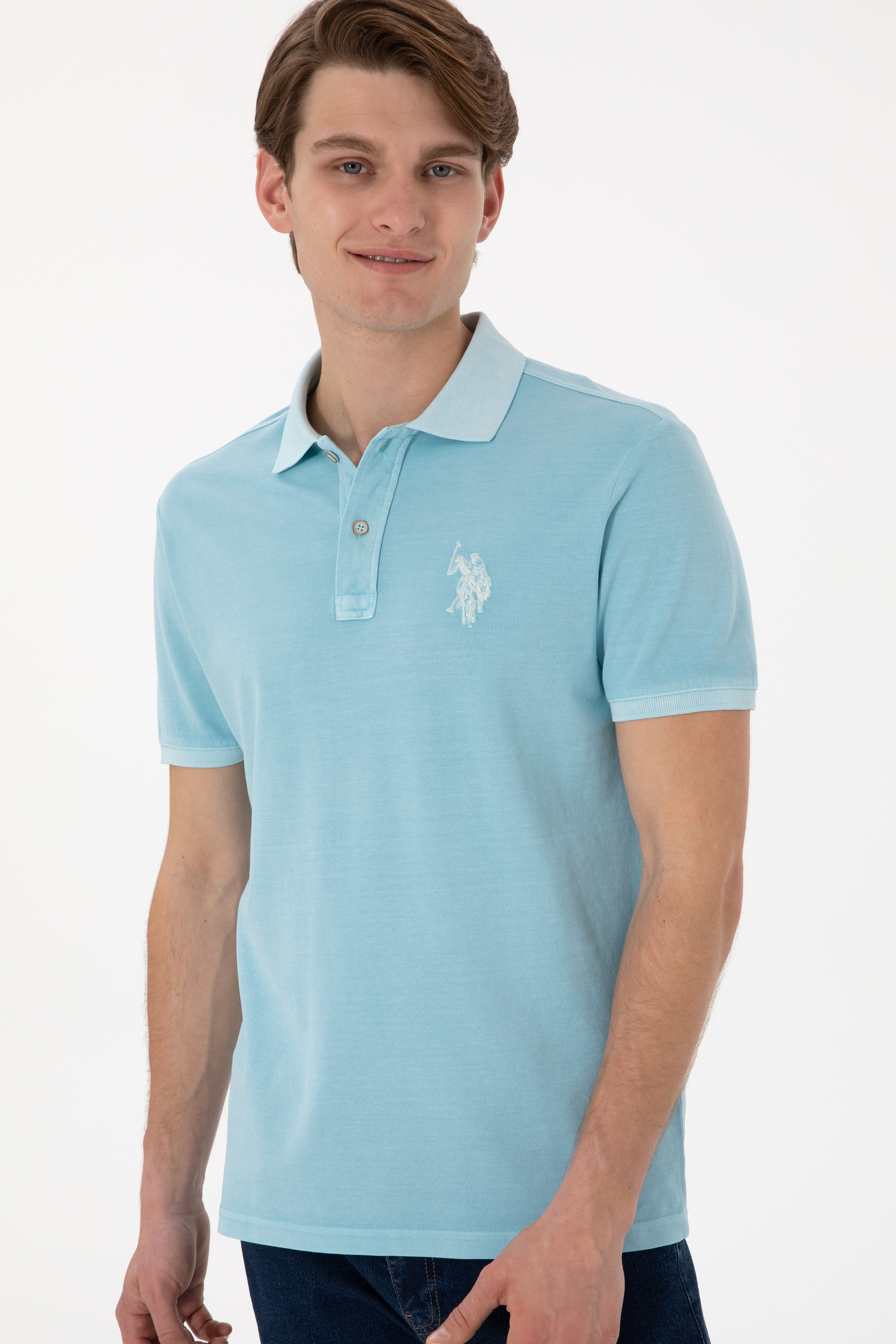 Erkek Slim Fit Polo Yaka Açık Mavi Yıkamalı Basic Tişört - Image 4