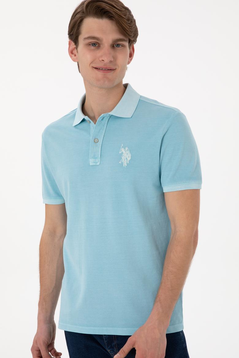 Erkek Slim Fit Polo Yaka Açık Mavi Yıkamalı Basic Tişört - 50305995076