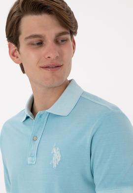 Erkek Slim Fit Polo Yaka Açık Mavi Yıkamalı Basic Tişört - 50305995076