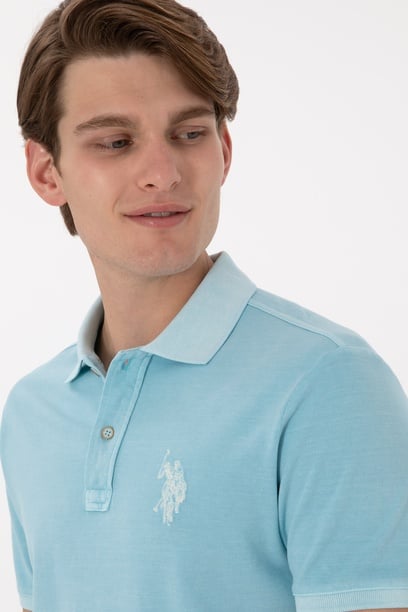 Erkek Slim Fit Polo Yaka Açık Mavi Yıkamalı Basic Tişört
