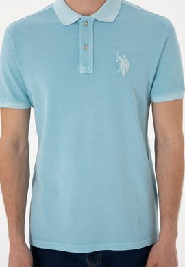 Erkek Slim Fit Polo Yaka Açık Mavi Yıkamalı Basic Tişört - 50305995076