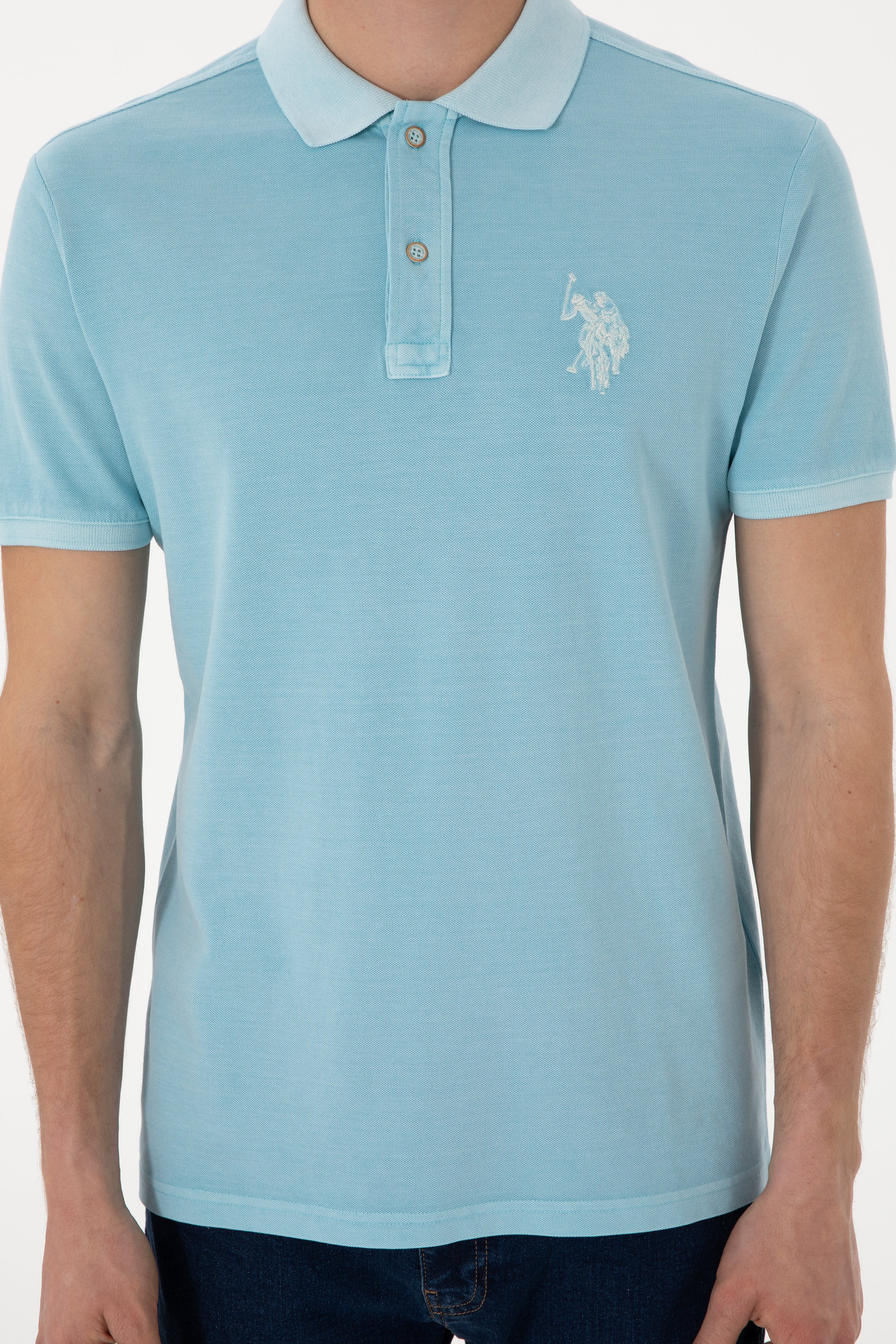 Erkek Slim Fit Polo Yaka Açık Mavi Yıkamalı Basic Tişört - Image 7