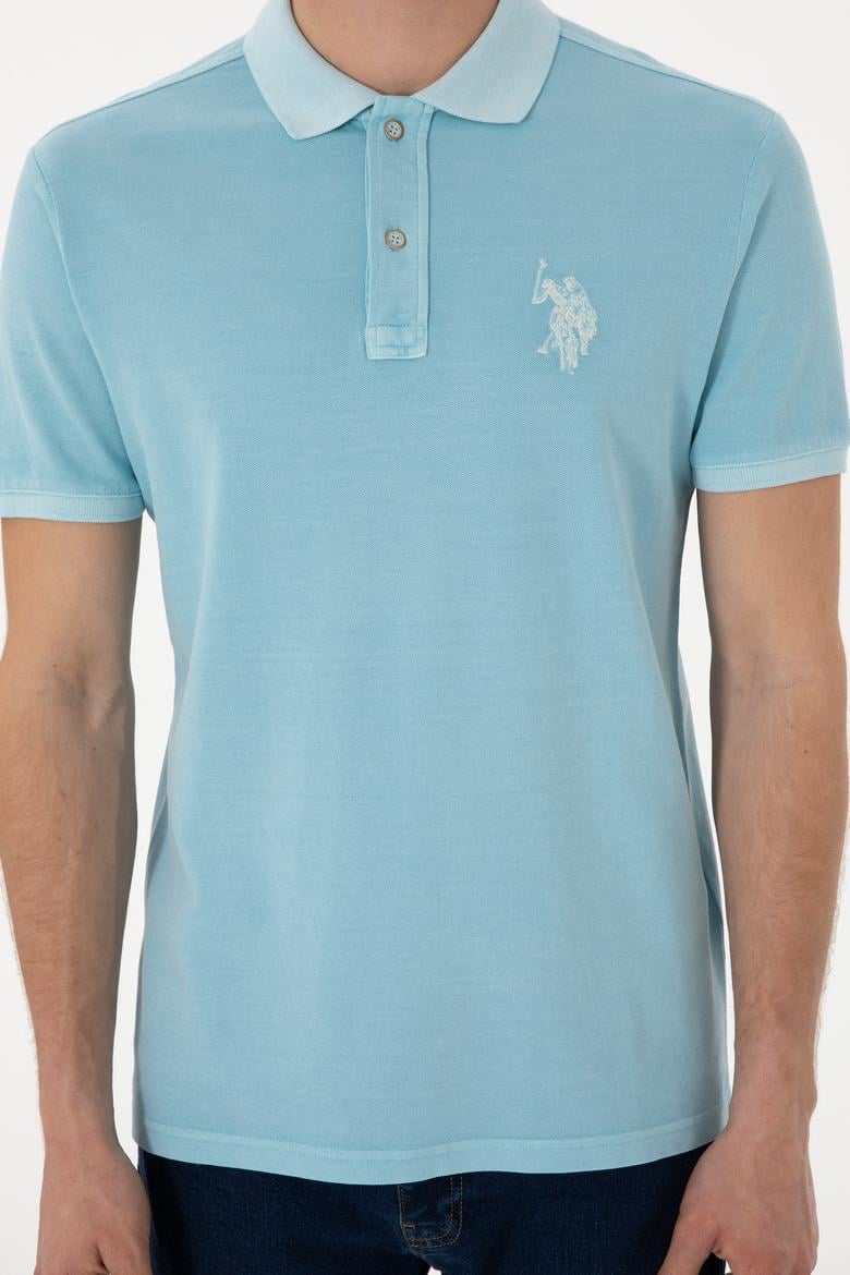 Erkek Slim Fit Polo Yaka Açık Mavi Yıkamalı Basic Tişört - 50305995076