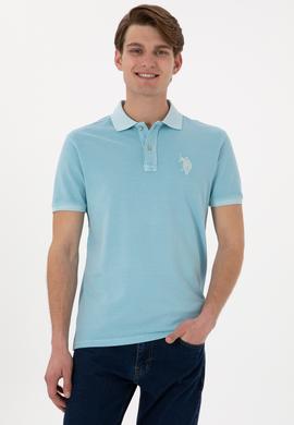 Erkek Slim Fit Polo Yaka Açık Mavi Yıkamalı Basic Tişört - 50305995076