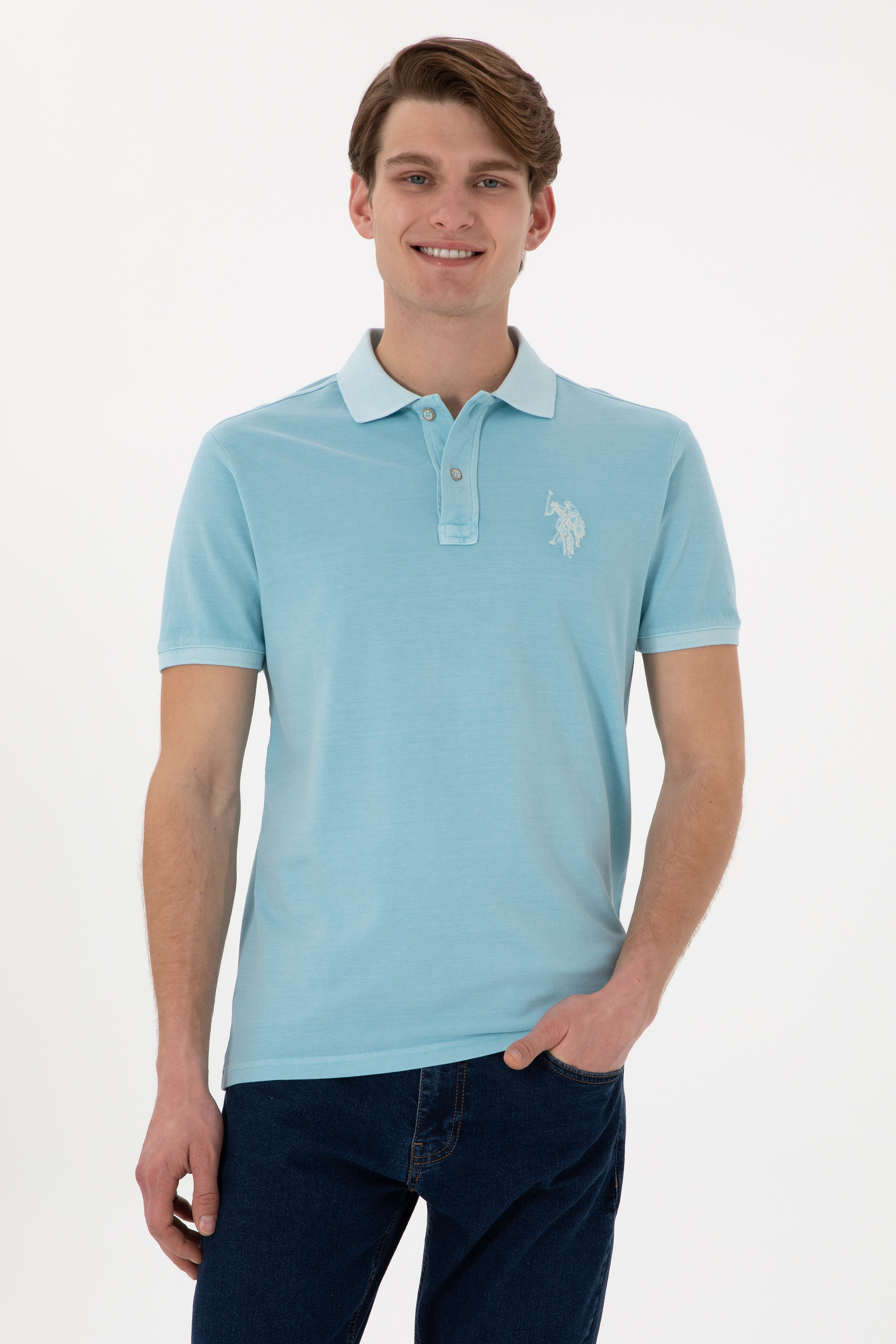 Erkek Slim Fit Polo Yaka Açık Mavi Yıkamalı Basic Tişört - Image 1