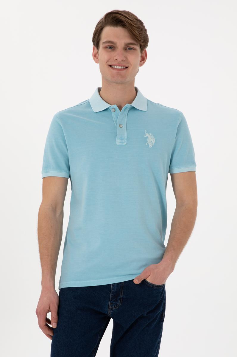 Erkek Slim Fit Polo Yaka Açık Mavi Yıkamalı Basic Tişört