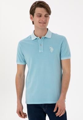 Erkek Slim Fit Polo Yaka Açık Mavi Yıkamalı Basic Tişört - 50305995076