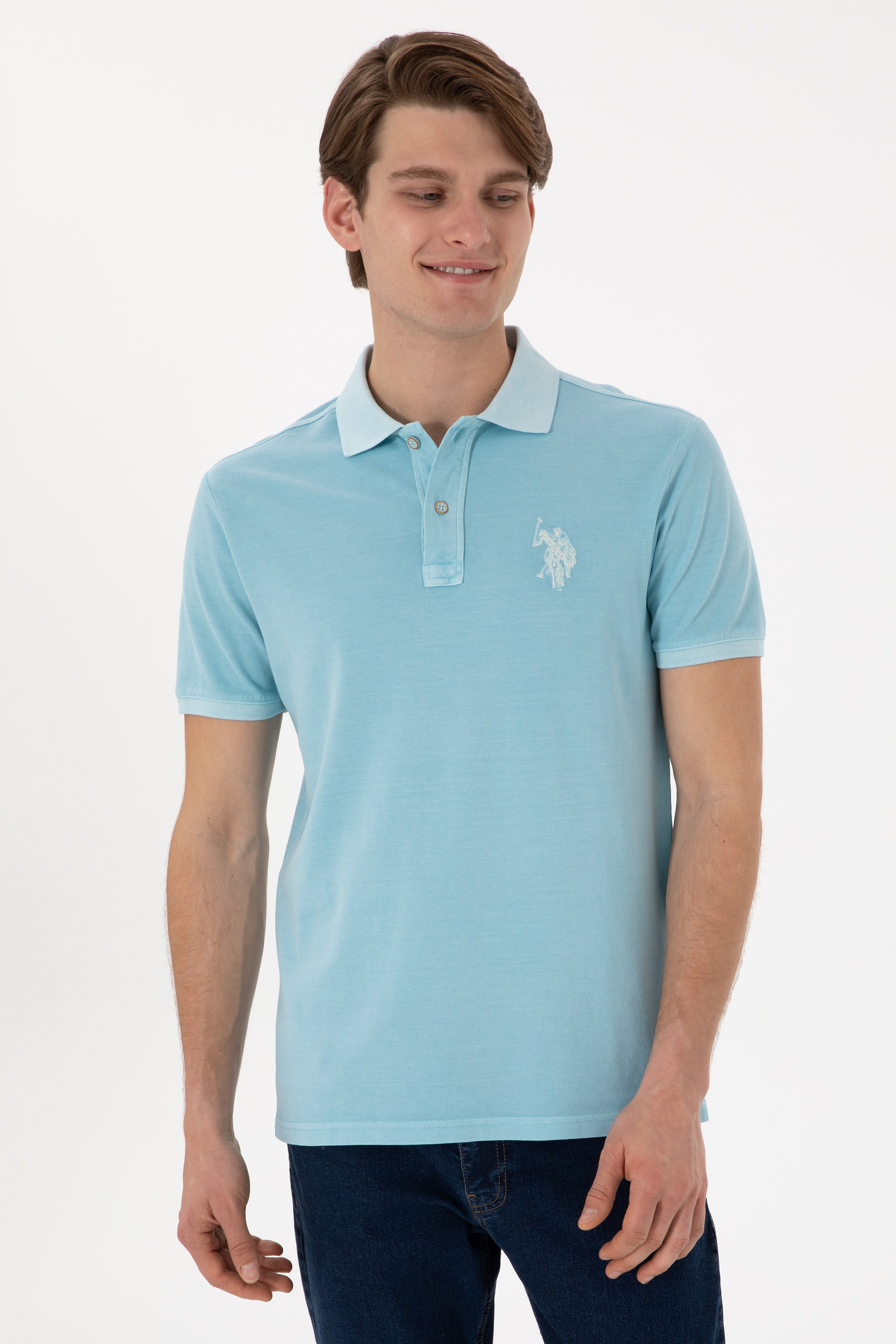Erkek Slim Fit Polo Yaka Açık Mavi Yıkamalı Basic Tişört