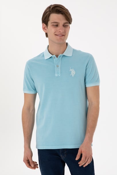 Erkek Slim Fit Polo Yaka Açık Mavi Yıkamalı Basic Tişört