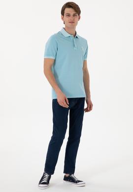 Erkek Slim Fit Polo Yaka Açık Mavi Yıkamalı Basic Tişört - 50305995076