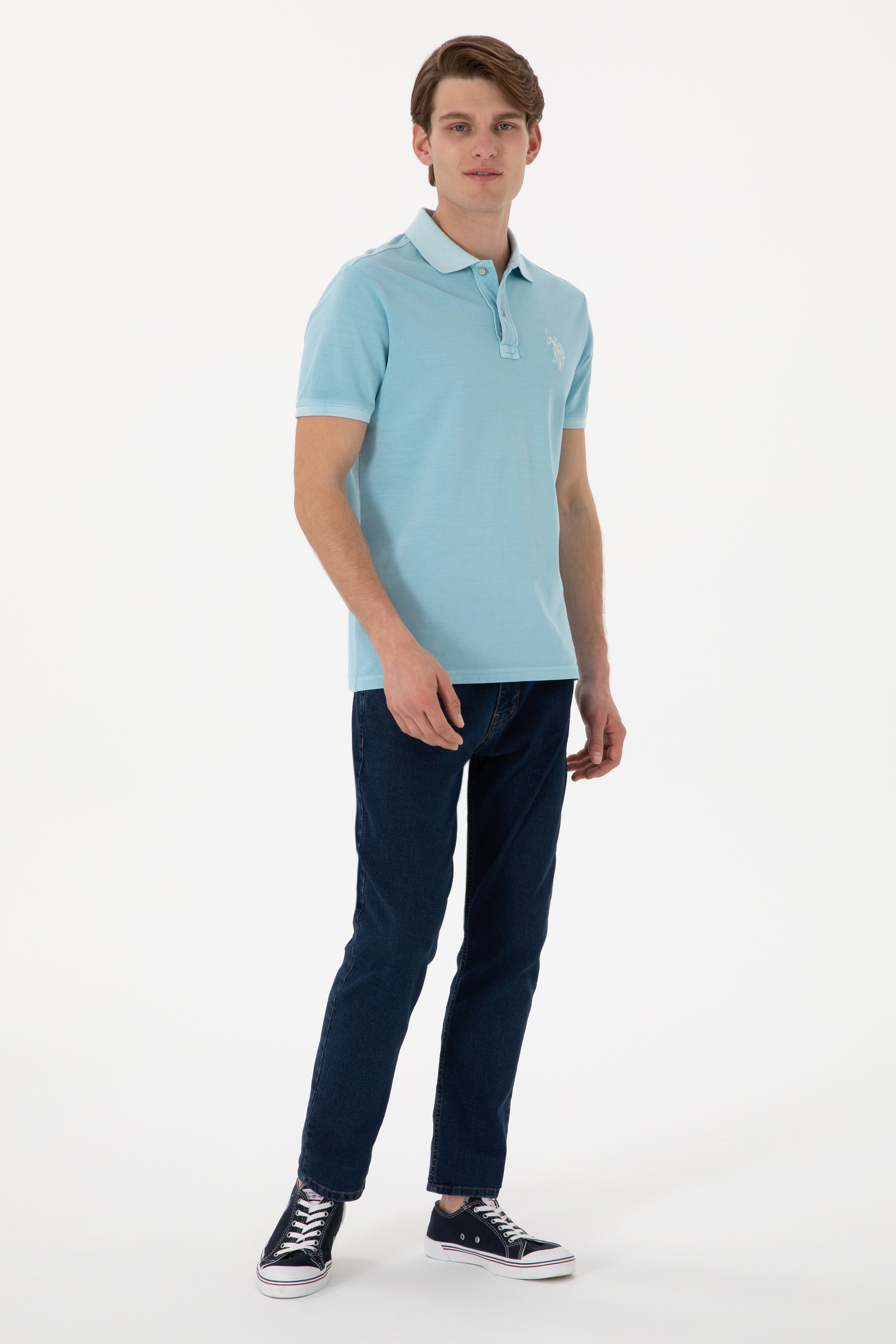 Erkek Slim Fit Polo Yaka Açık Mavi Yıkamalı Basic Tişört - Image 5