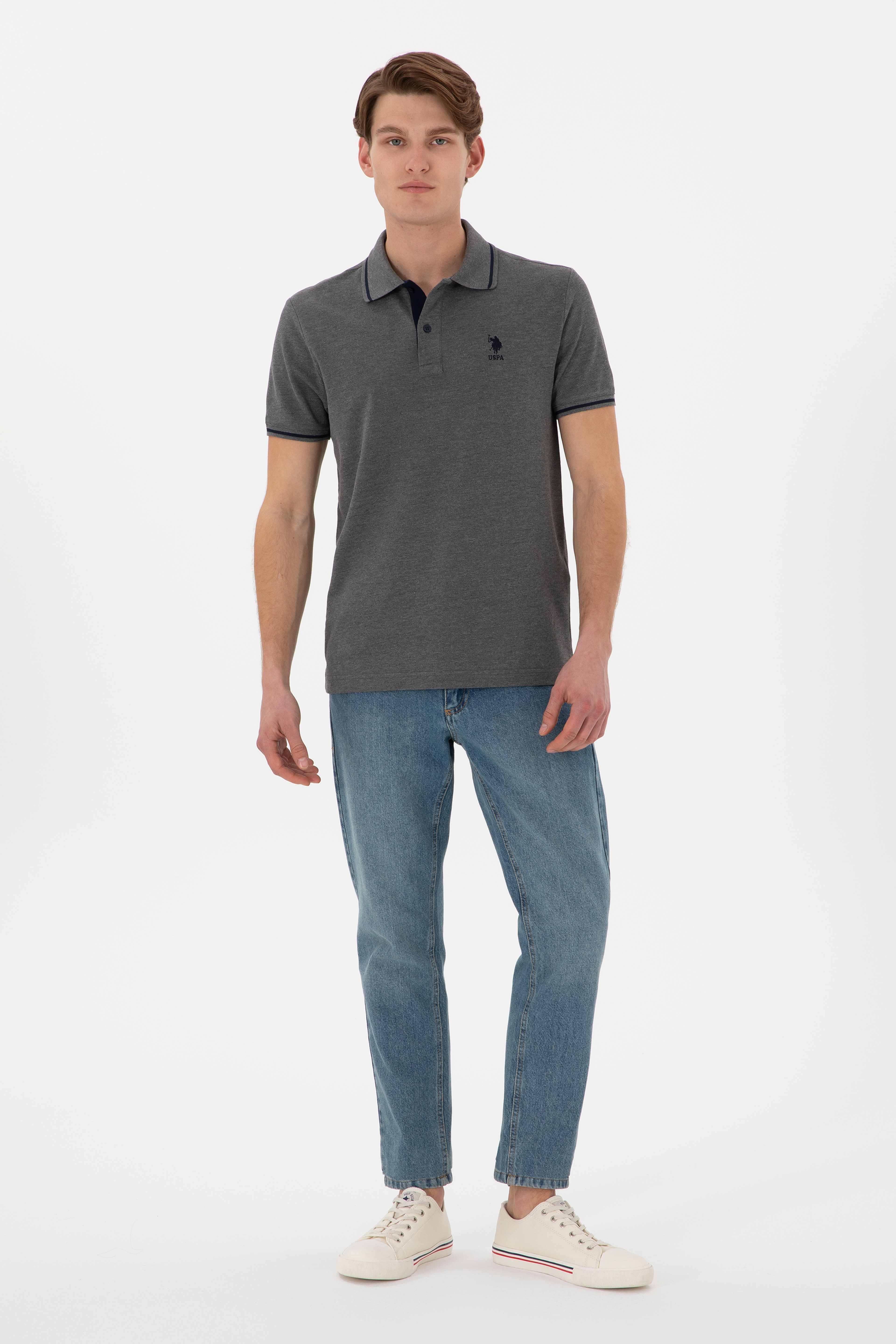 Erkek Slim Fit Polo Yaka Antrasit Melanj Basic Tişört
