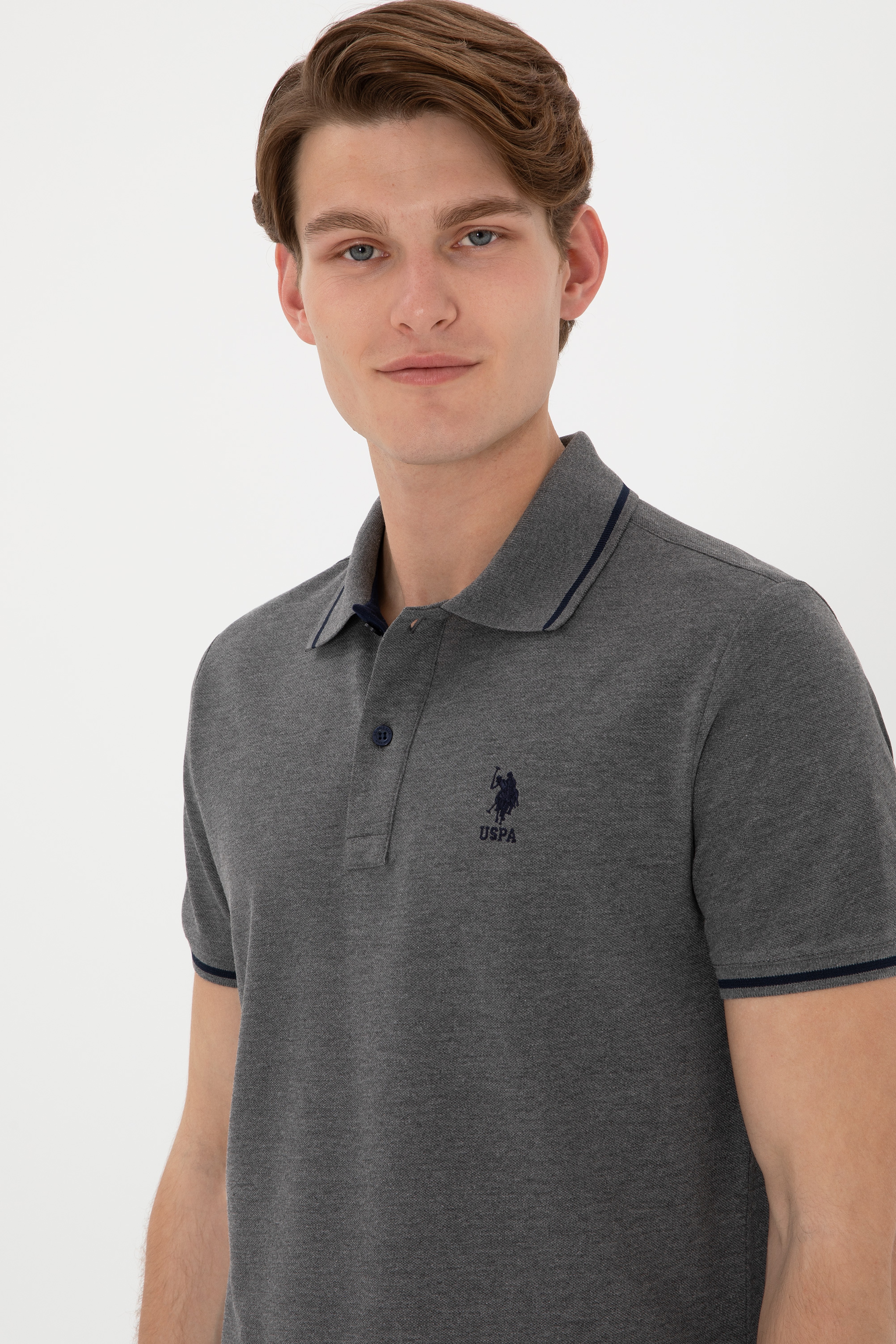 Erkek Slim Fit Polo Yaka Antrasit Melanj Basic Tişört