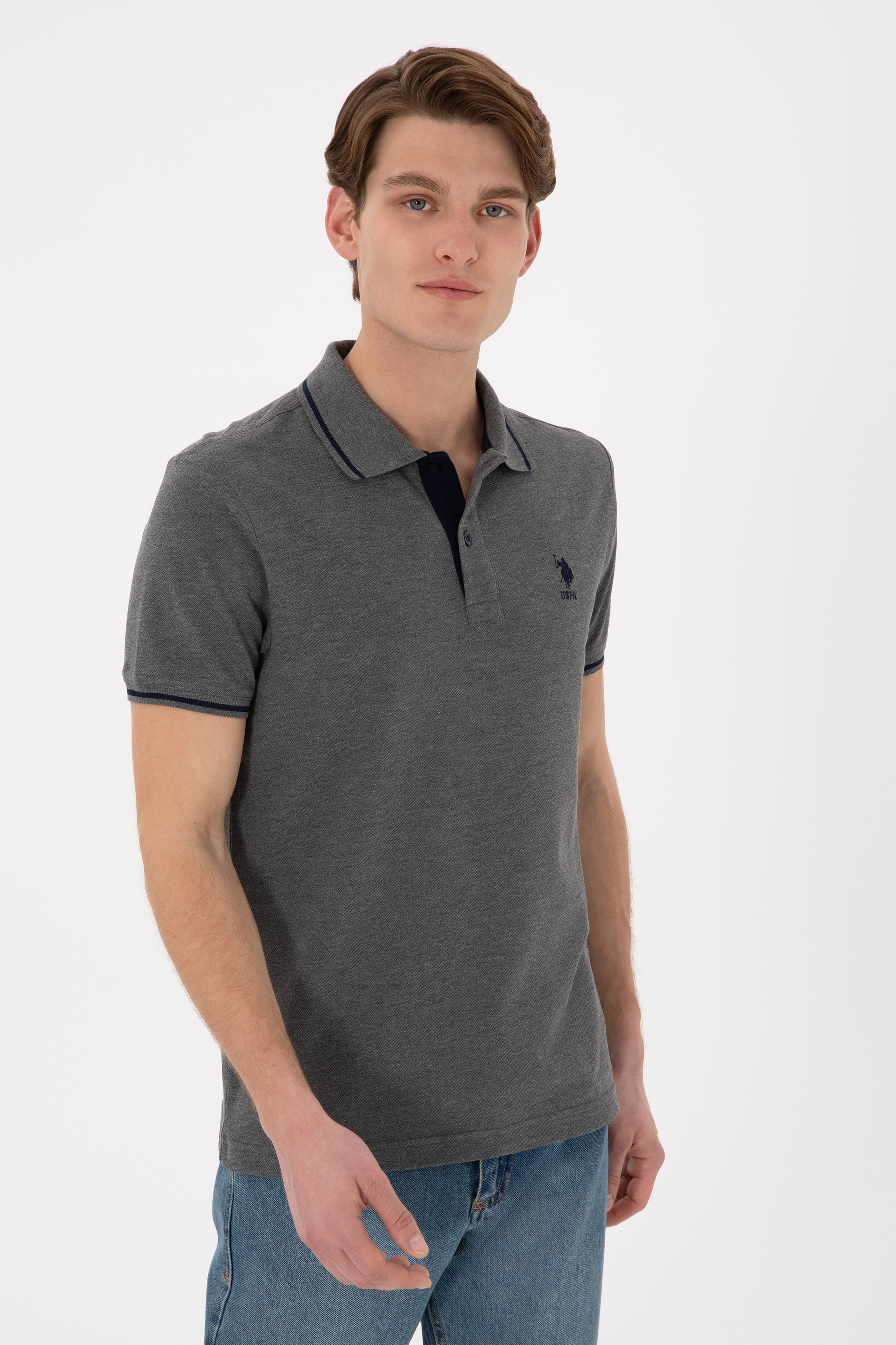 Erkek Slim Fit Polo Yaka Antrasit Melanj Basic Tişört