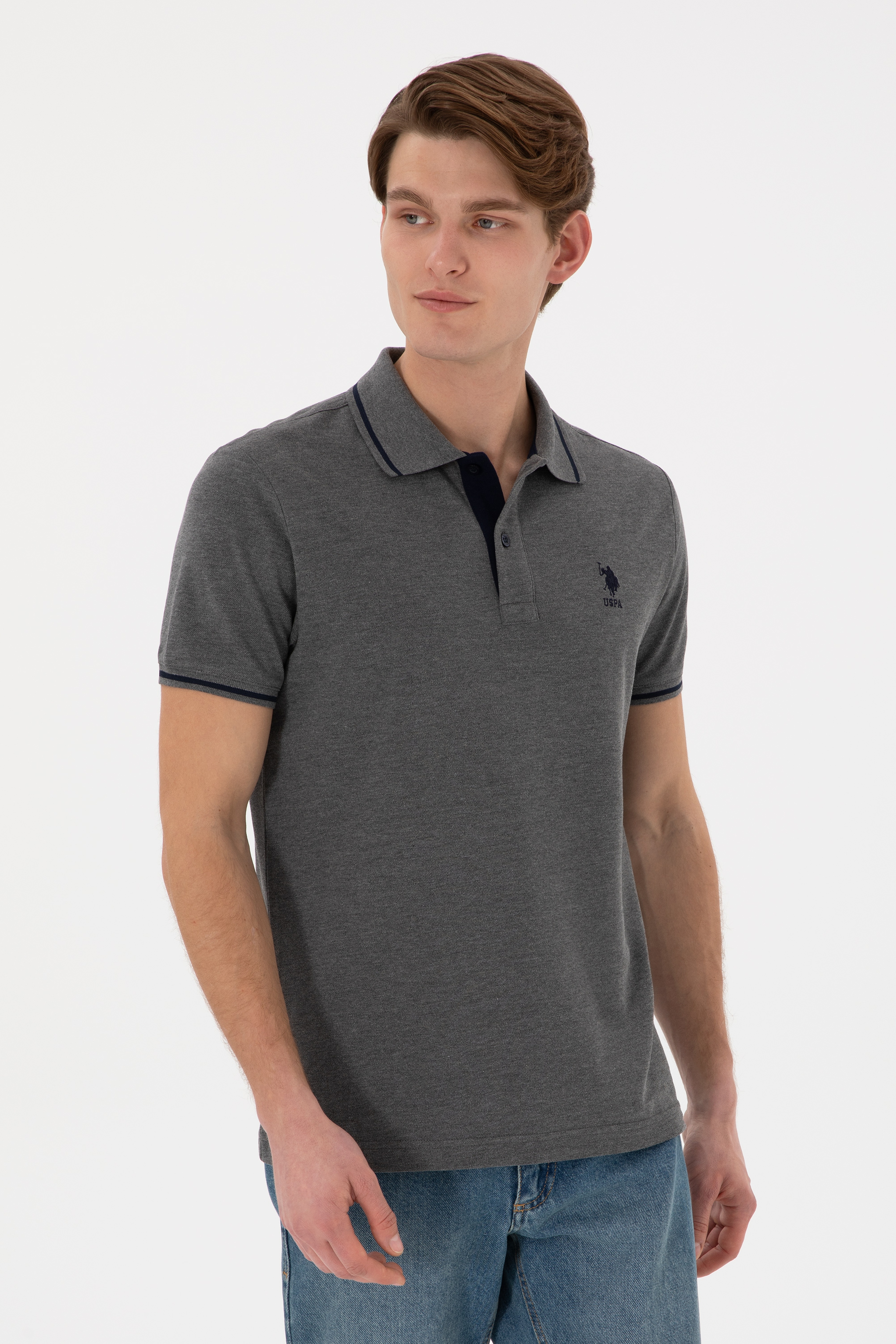 Erkek Slim Fit Polo Yaka Antrasit Melanj Basic Tişört - Image 2