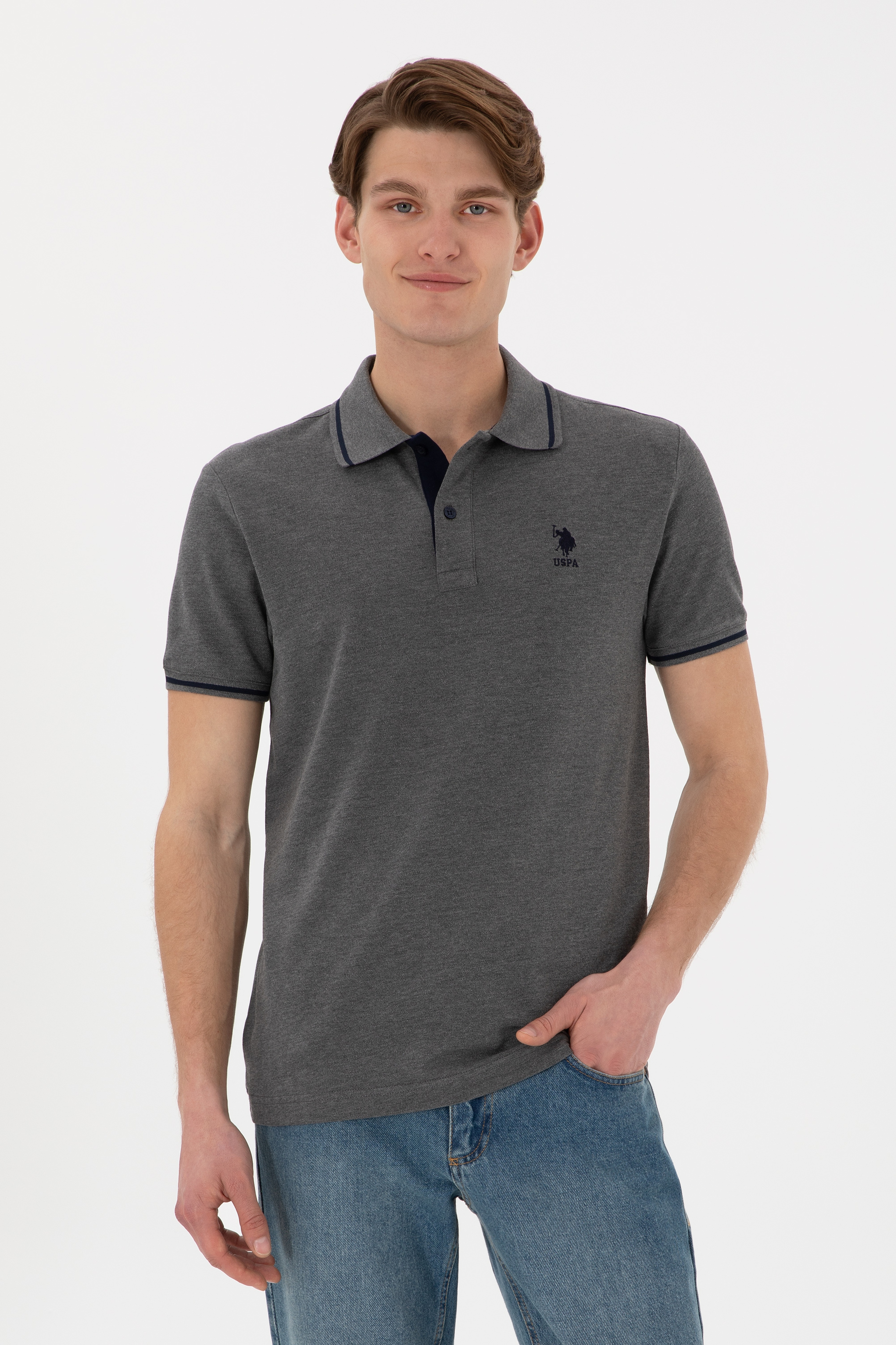 Erkek Slim Fit Polo Yaka Antrasit Melanj Basic Tişört - Image 1