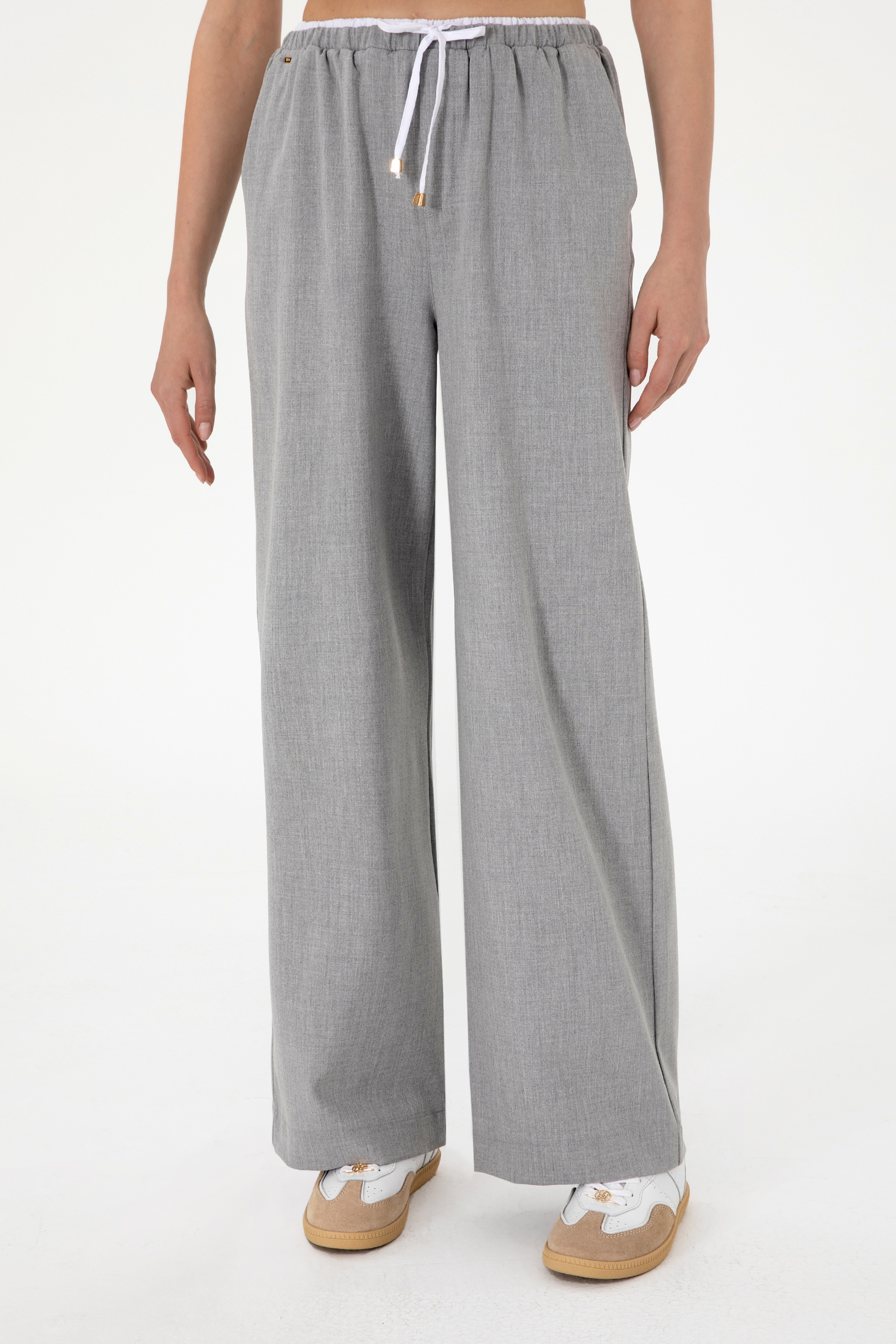 Kadın Gri Bel Detaylı Loose Fit Kanvas Pantolon