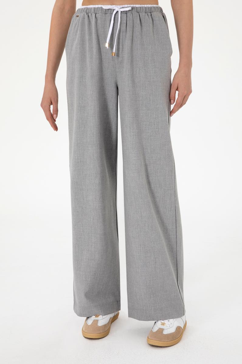 Kadın Gri Bel Detaylı Loose Fit Kanvas Pantolon