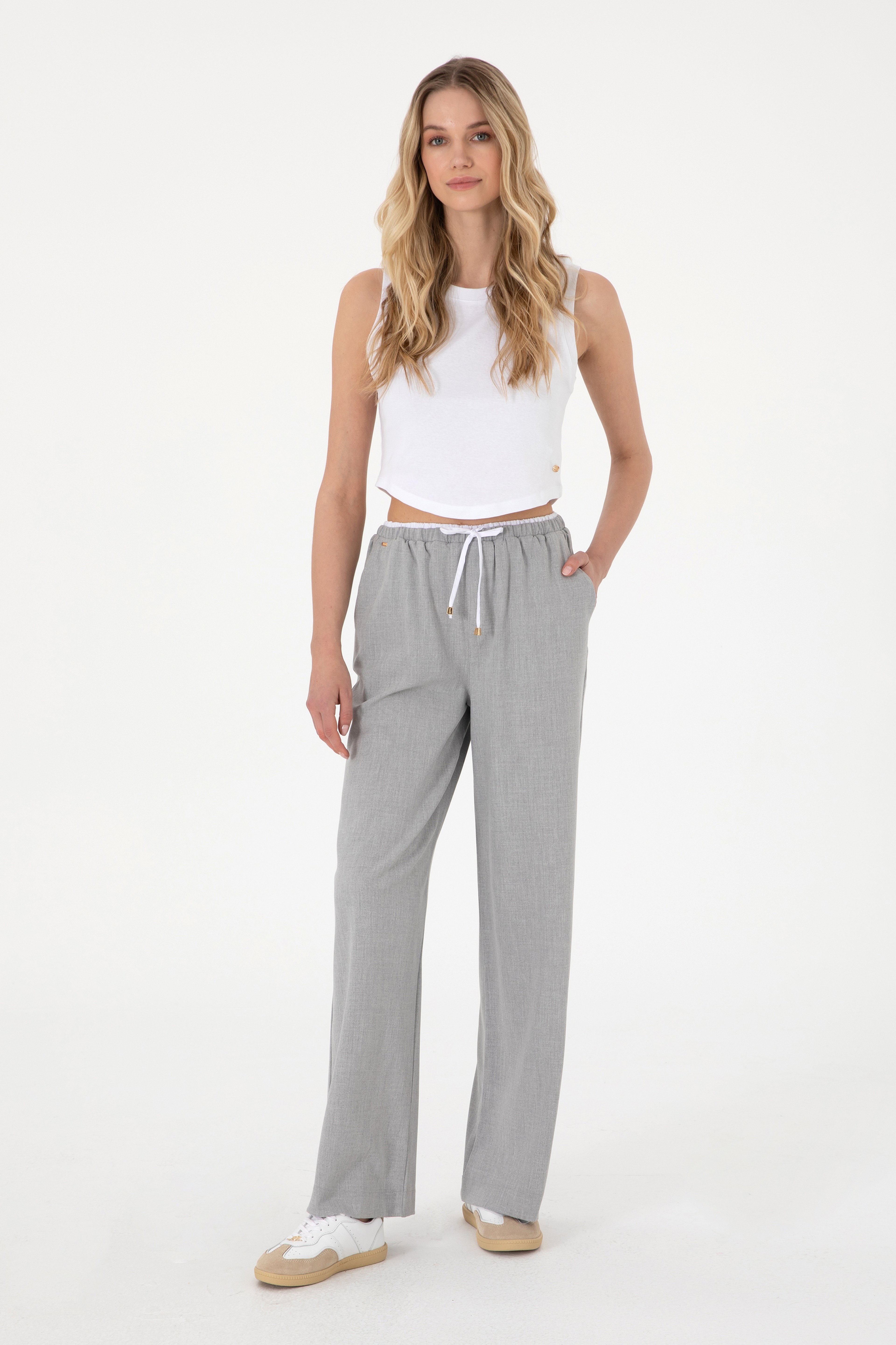 Kadın Gri Bel Detaylı Loose Fit Kanvas Pantolon - Image 3