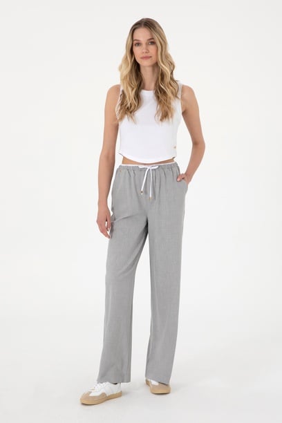 Kadın Gri Bel Detaylı Loose Fit Kanvas Pantolon