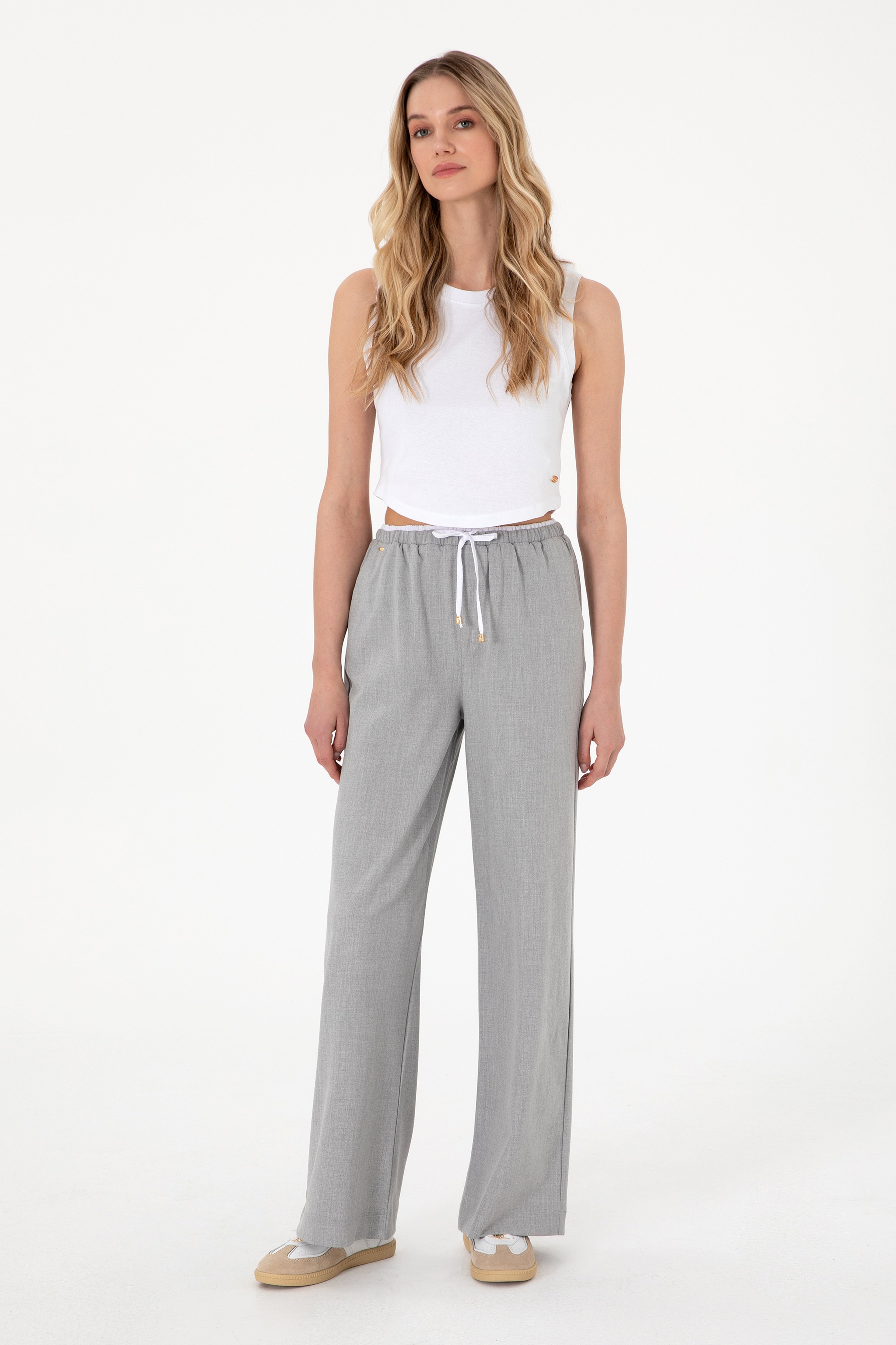 Kadın Gri Bel Detaylı Loose Fit Kanvas Pantolon - Image 1