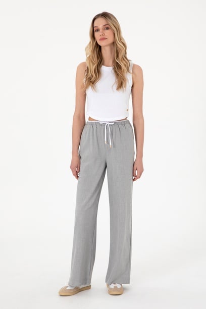 Kadın Gri Bel Detaylı Loose Fit Kanvas Pantolon