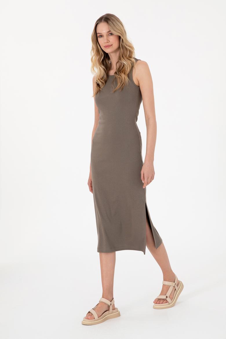 Kadın Vizon Yırtmaçlı Kolsuz Bisiklet Yaka Midi Boy Örme Elbise - 50305872024