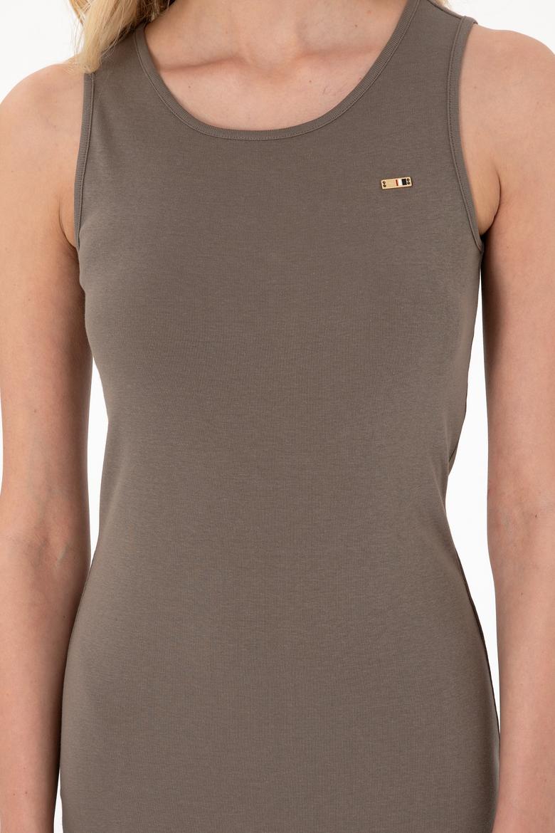 Kadın Vizon Yırtmaçlı Kolsuz Bisiklet Yaka Midi Boy Örme Elbise - 50305872024