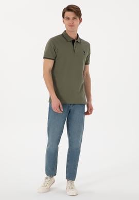Erkek Slim Fit Polo Yaka Koyu Haki Basic Tişört - 50305980107