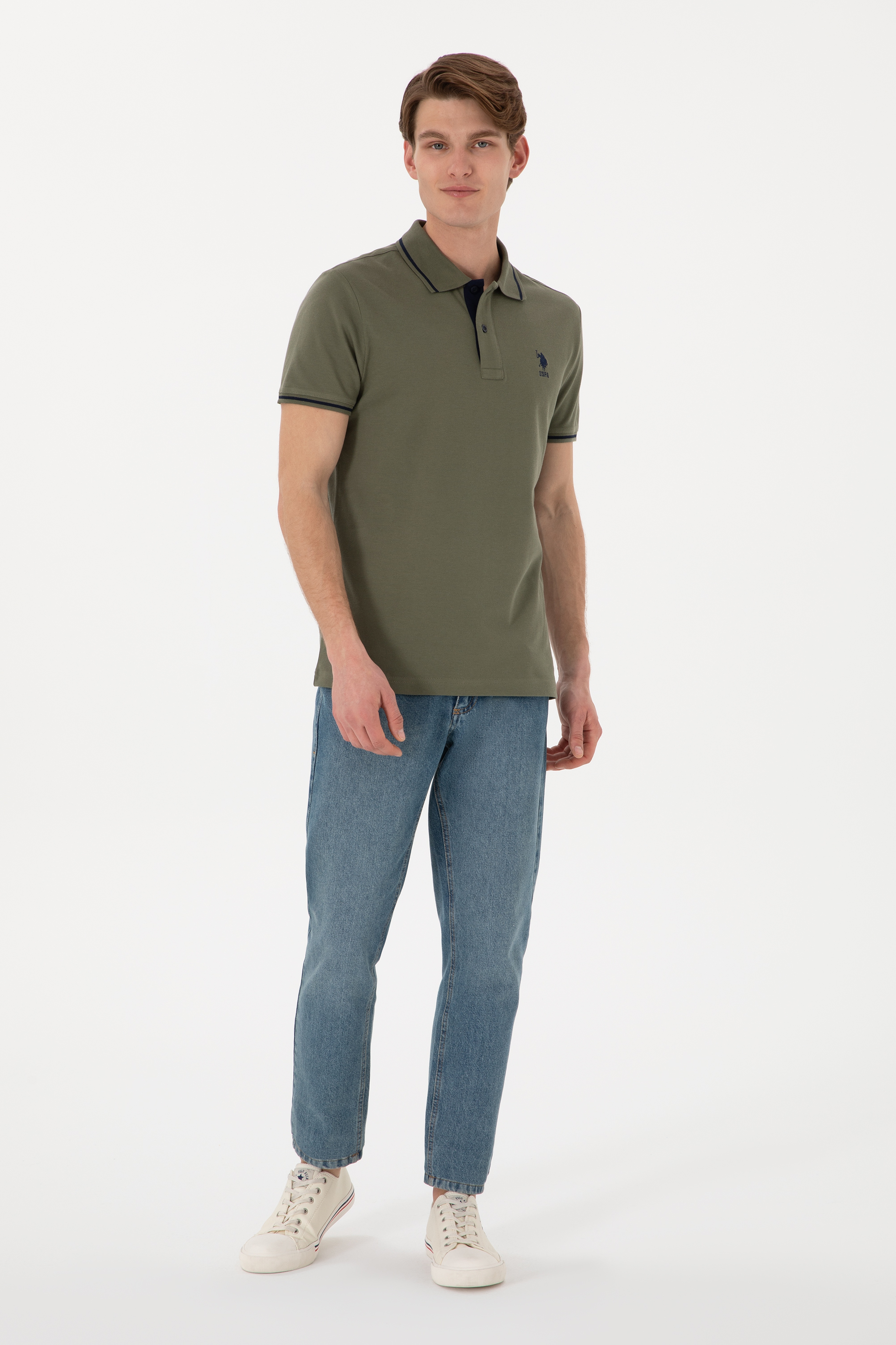 Erkek Slim Fit Polo Yaka Koyu Haki Basic Tişört - Image 5
