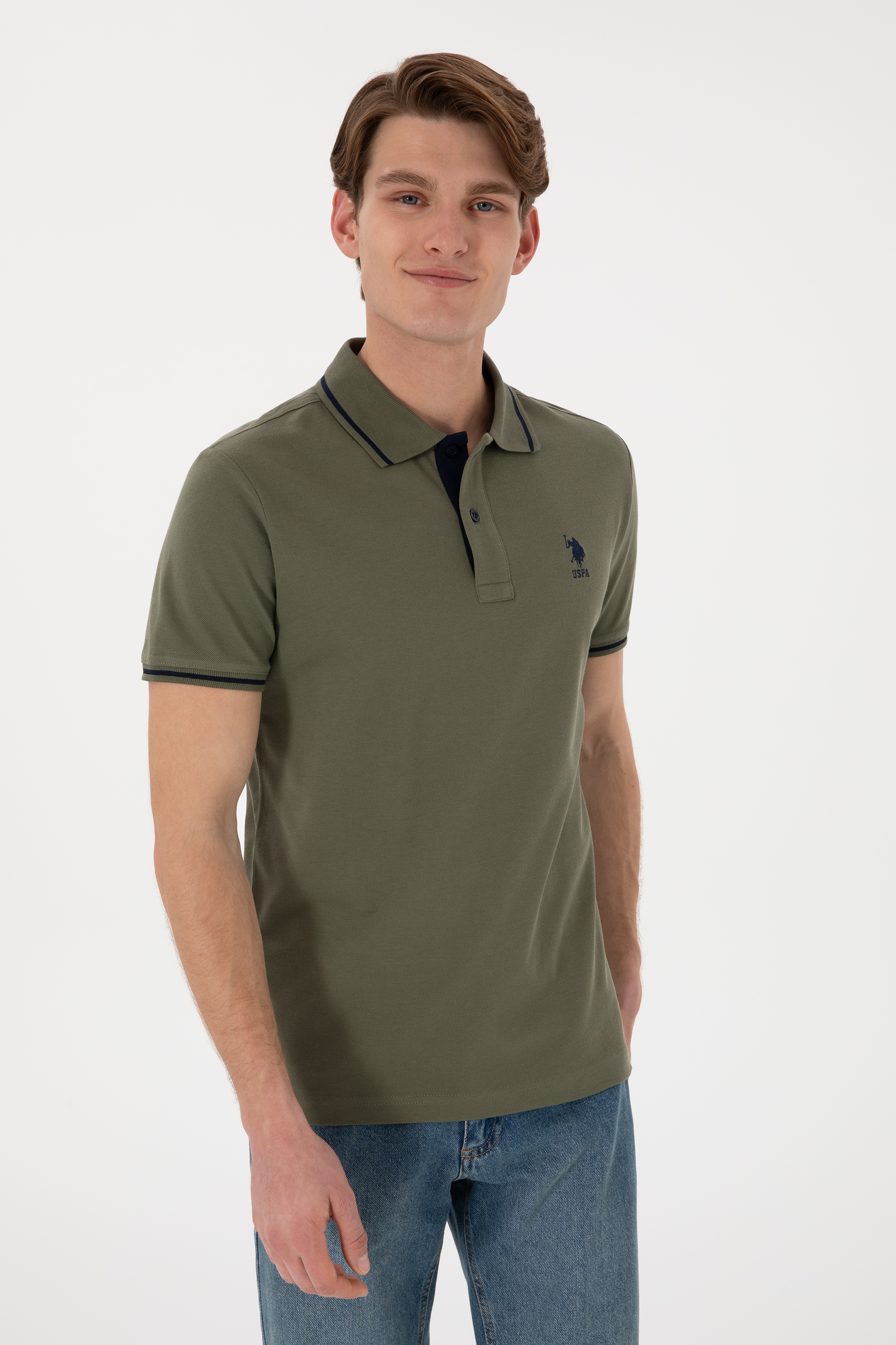 Erkek Slim Fit Polo Yaka Koyu Haki Basic Tişört - Image 4