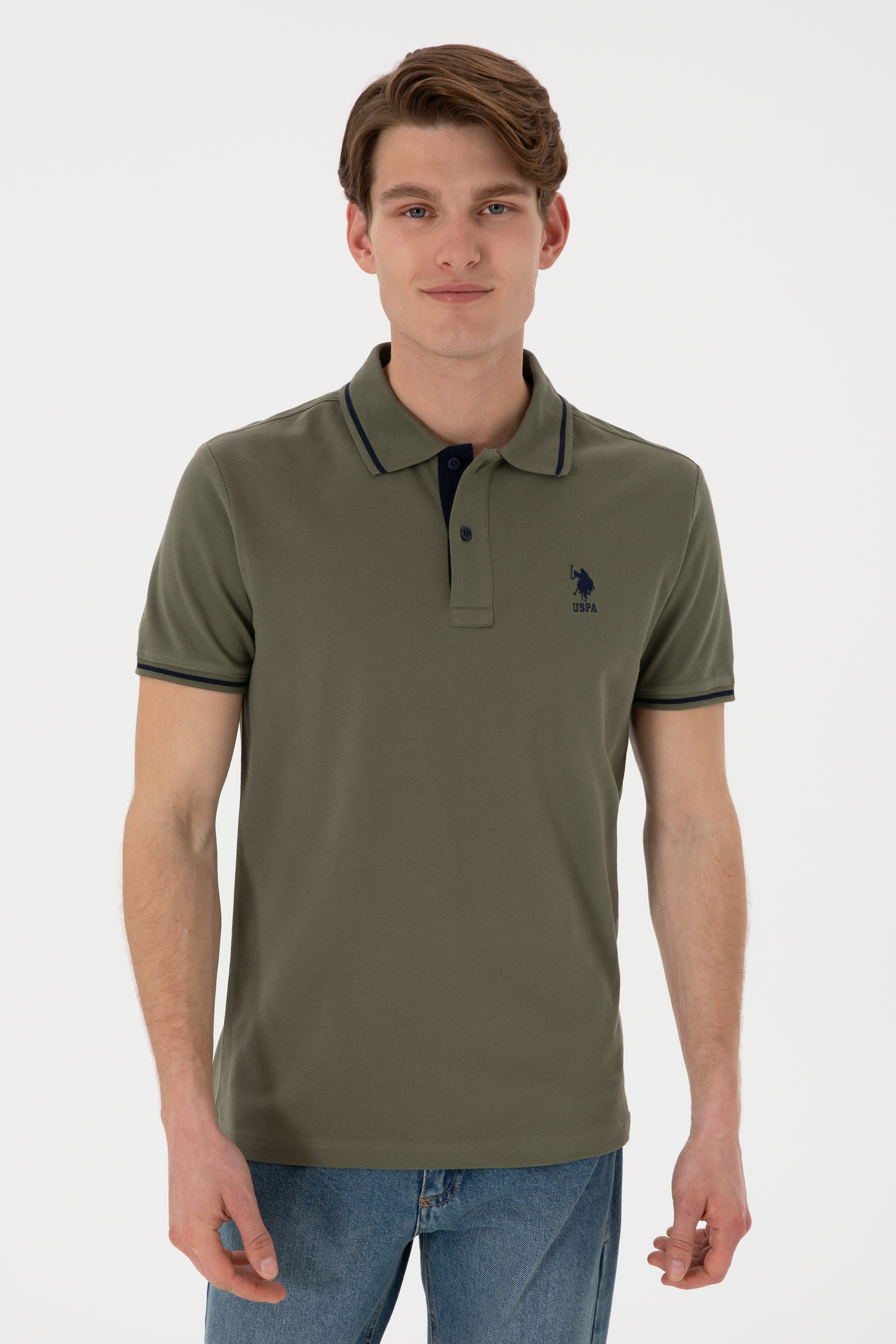 Erkek Slim Fit Polo Yaka Koyu Haki Basic Tişört