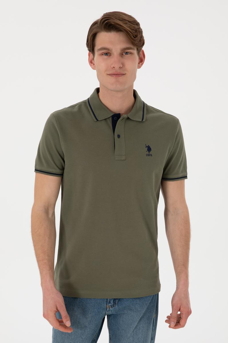 Erkek Slim Fit Polo Yaka Koyu Haki Basic Tişört